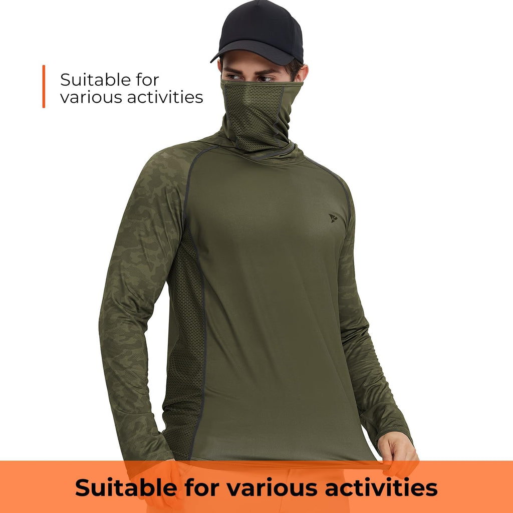 Rodeel UPF 50+ Men’s Long Sleeve Performance Fishing Hiking Shirt with Mask UV Neck Gaiter Hoodie