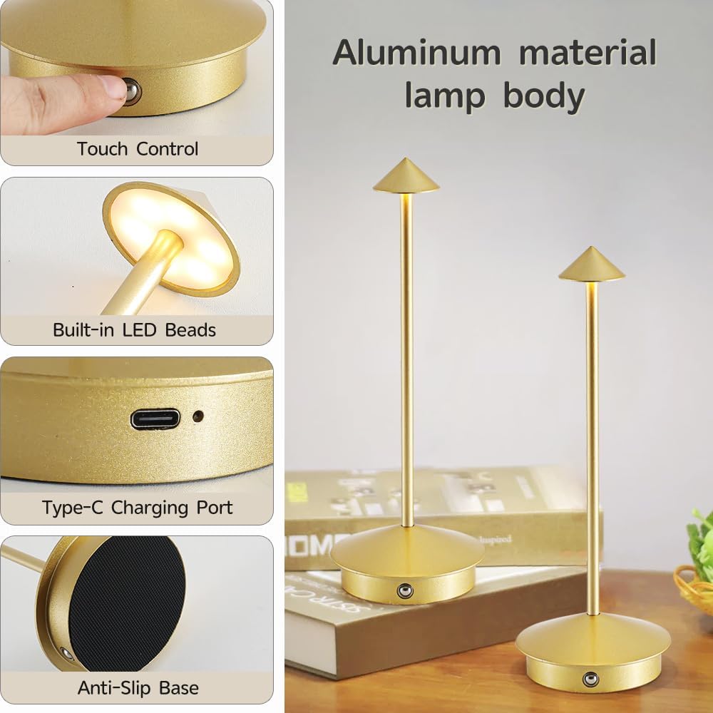 2 Pack Aluminum Cordless Table Lamp, 6000mAh Rechargeable Table Lamps, Portable Touch LED Lamp, Outdoor Waterproof Dimmable Cordless Rechargeable Table Lamps for Restaurant/Patio-(2GD)
