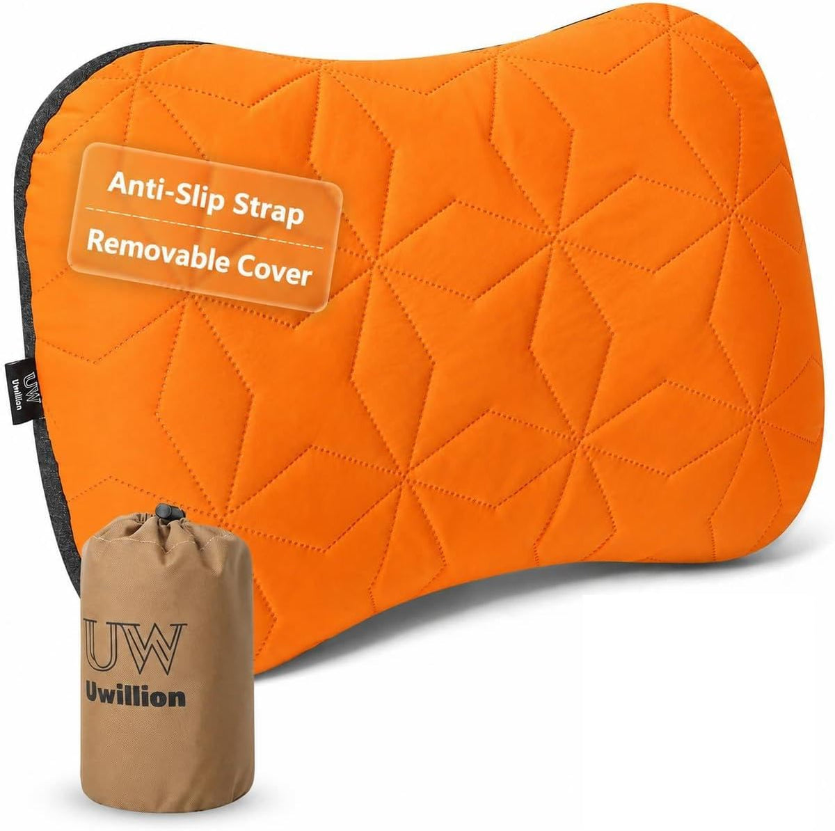 UWILLION Inflatable Camping Pillow with Removable Washable Cover, Ultralight Compact Air Pillow for Backpacking, Hiking, Travel & Camping, Ergonomic Neck and Lumbar Support Blow Up Pillow – Orange