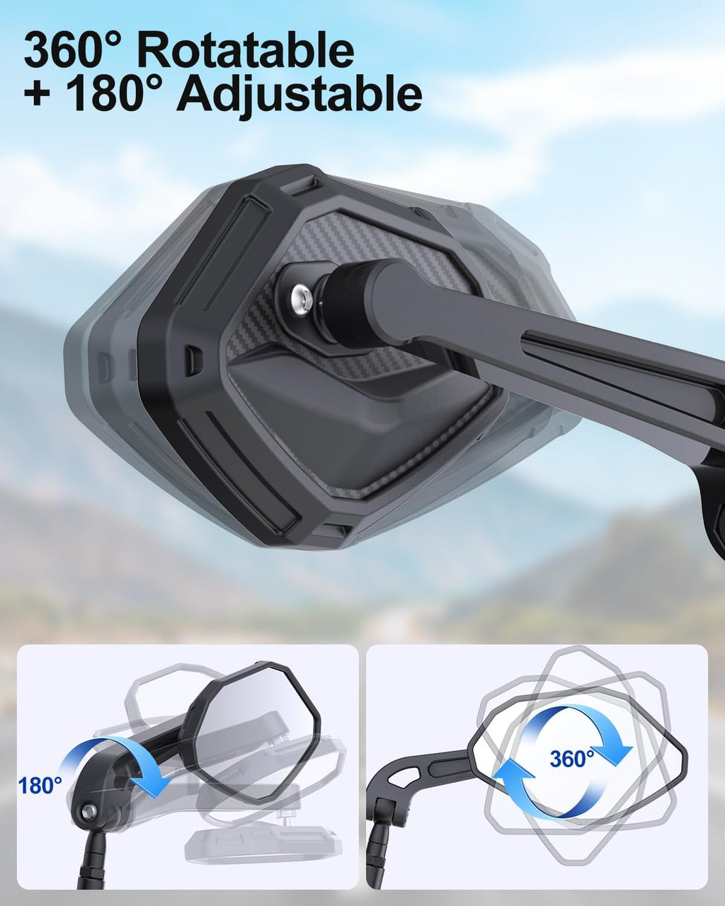 Vitog Adjustable Bike Mirror, 360° Rotatable HD Shatterproof Glass, E-Bike