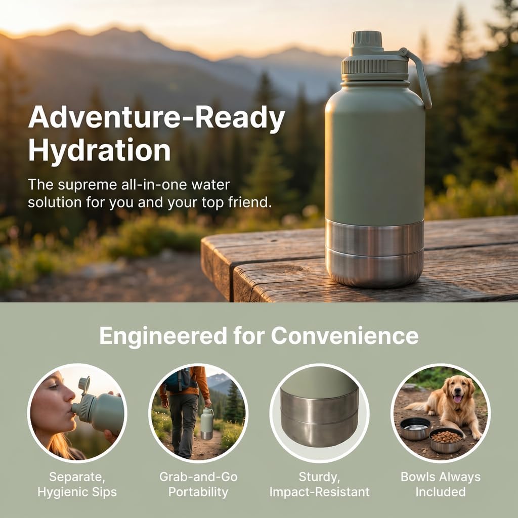 RYNVALE 32oz Insulated Stainless Steel Pet Water Bottle with Dog Bowl