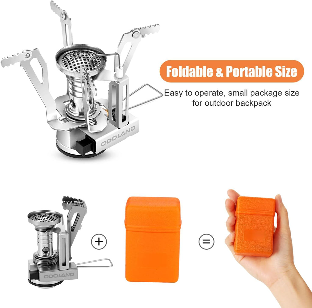 Odoland 8pcs Camping Cookware Mess Kit, Camping Pot and Pan Set with Mini Backpacking Stove, Stainless Steel Cup, Spork and Tank Bracket, Cooking Gear for Outdoor, Hiking, Picnic, Campfire