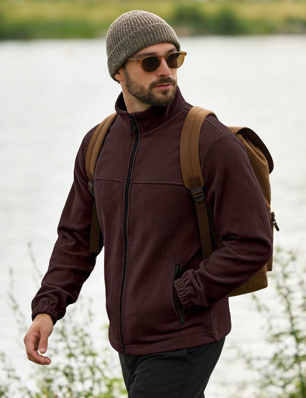 Mens Polar Fleece Jacket Full Zip Lightweight Casual Outdoor Jackets Stand Collar Warm Coats with Pockets