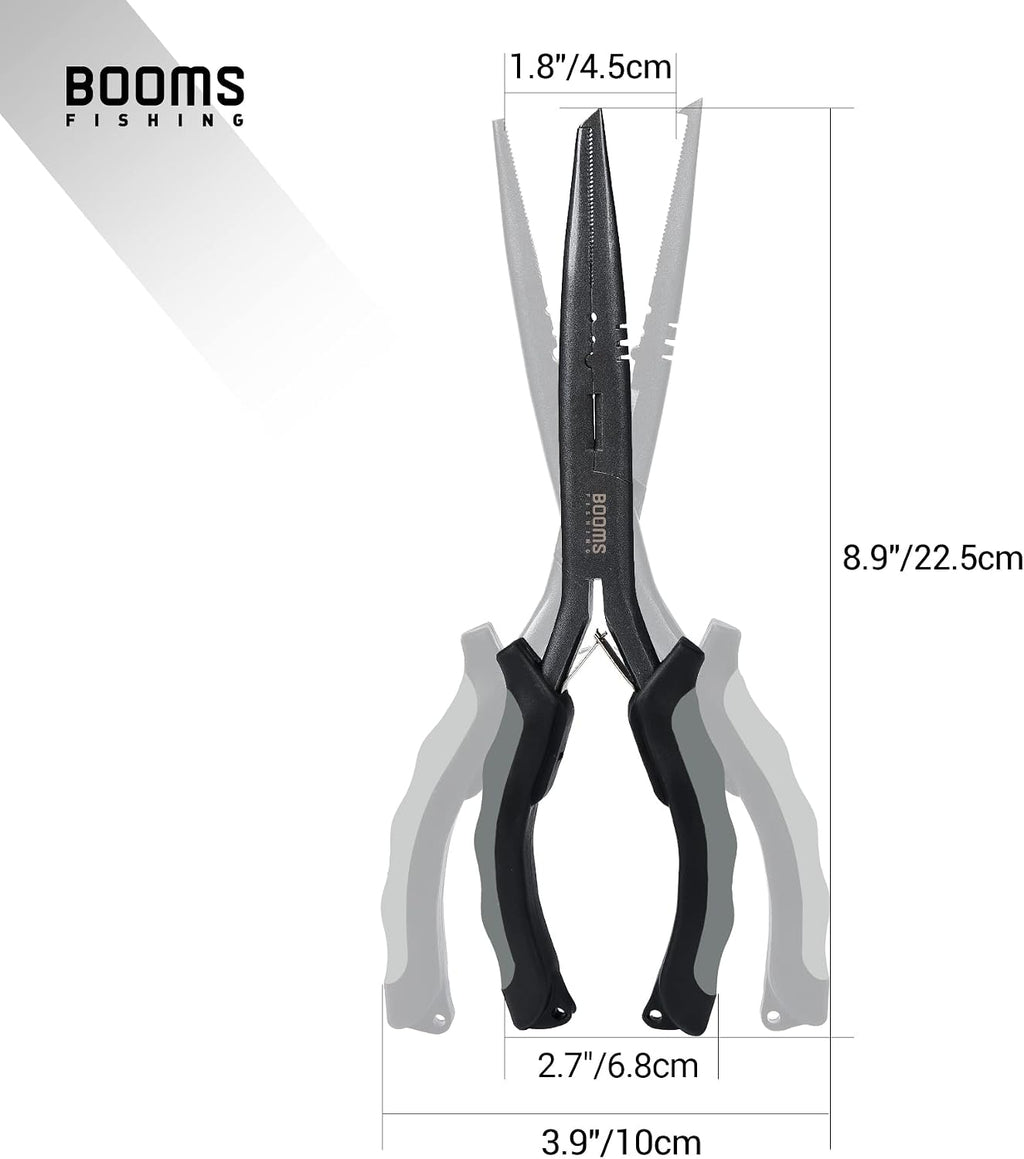 Booms Fishing F03 Needle Nose Fishing Pliers, 9" Fisherman's Pliers, Long Nose Hook Remover, Saltwater Resistant Fishing Gear, Gray