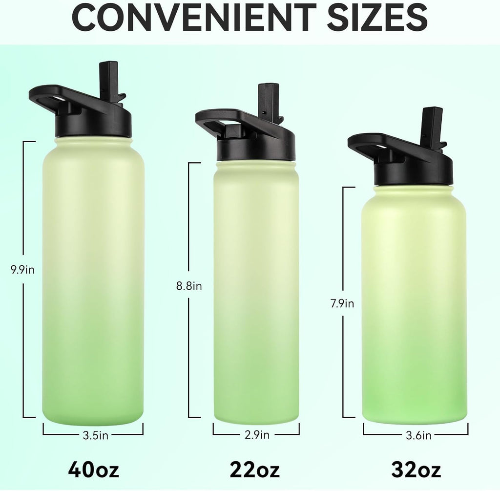DOMICARE 32 oz Insulated Water Bottle, Vacuum Insulated Stainless Steel Sports Water Bottle with Straw Lid & Spout Lid, Leakproof, Reusable - Travel, Camping, Bike, Green Gradient