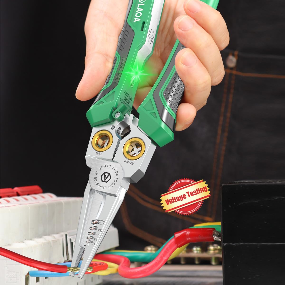 LAOA Wire Stripper Tool with Voltage Tester, 8-in-1 Electrician Pliers with Wire Cutter, Cable Splitter, Wire Puller and Crimper, USB-C Rechargeable Electrical Tool for Electricians and DIY Repairs