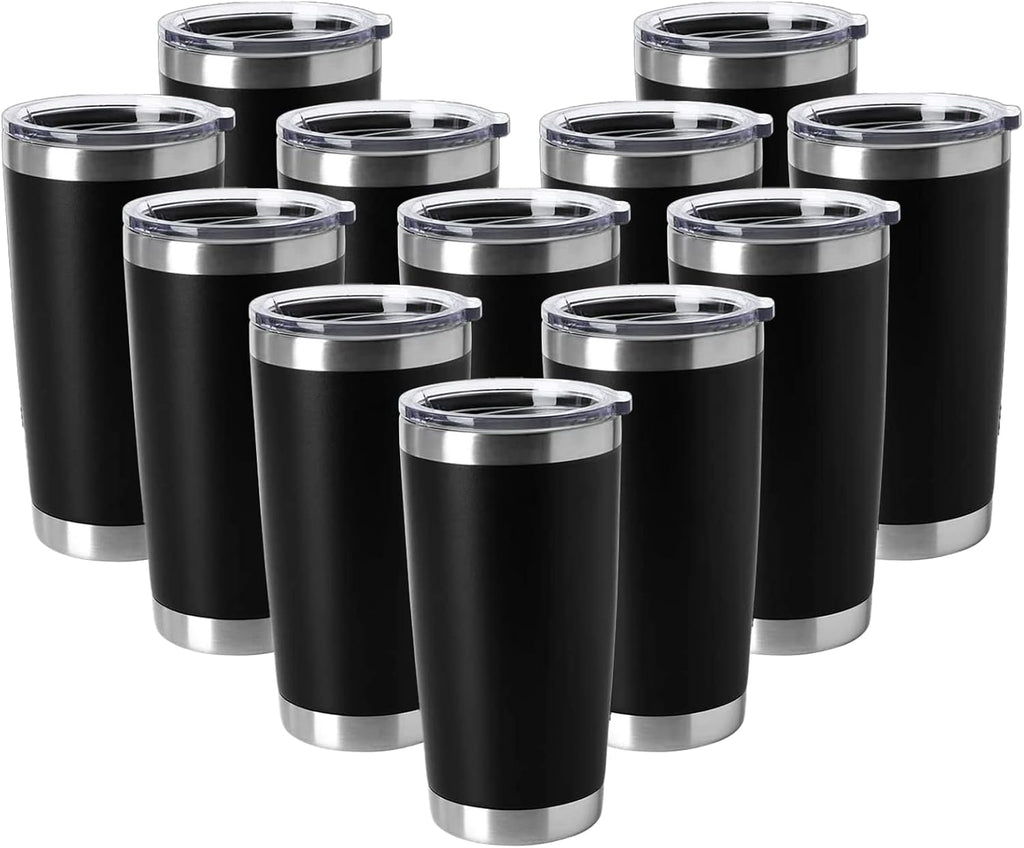 HASLE OUTFITTERS 20oz Tumblers Stainless Steel Mugs with Lid Double Wall Vacuum Insulated Coffee Cups for Cold & Hot Drinks (20oz-Black, 12 Pack)