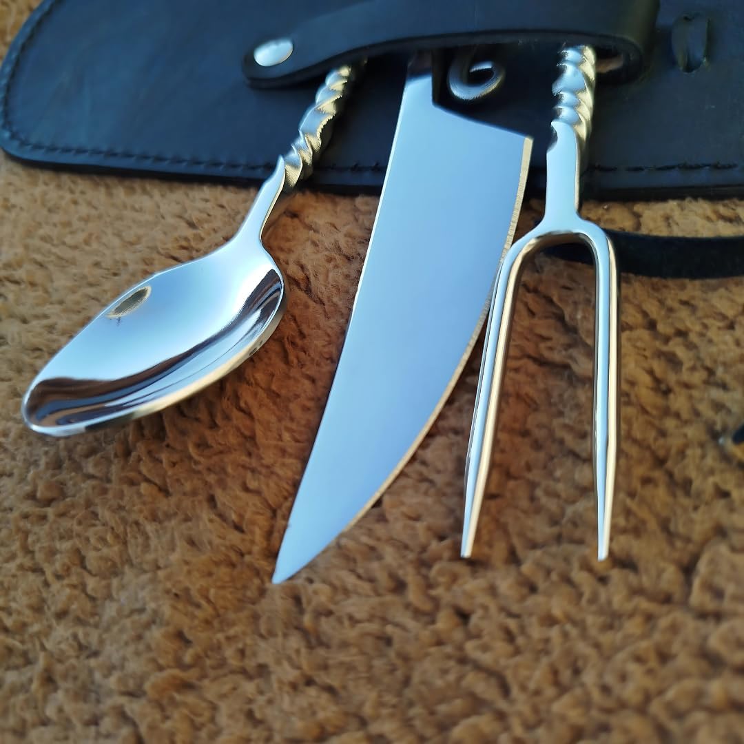 Hand Forged Medieval Cutlery Set - Viking Silverware Set With Leather Cover