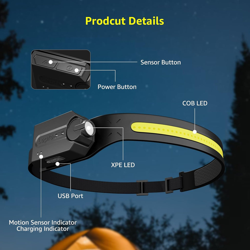 Lepro LED Rechargeable Headlamp Motion Sensor 230°Wide Beam Waterproof 2PC