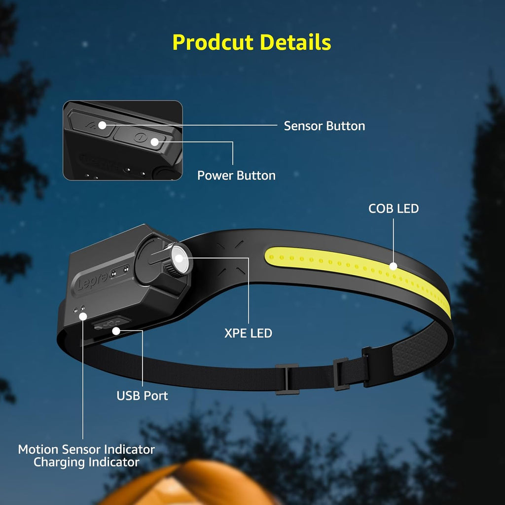 Lepro LED Rechargeable Headlamp Motion Sensor 230°Wide Beam Waterproof