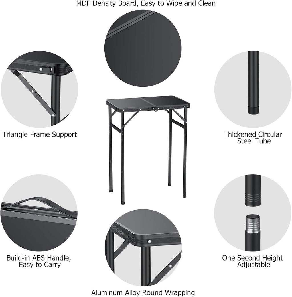 JiGiU Folding Camping Table MDF Desktop, 3 Adjustable Height-Max 29"