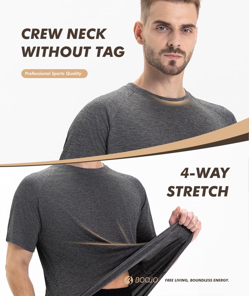 BOOJO 5 Pack Workout Shirts for Men-Quick Dry Black Gym Moisture Wicking Short Sleeve T-Shirts for Running Athletic Casual
