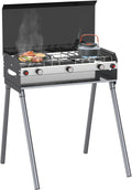 CAMPLUX 2 Burners & 1 Grill Propane Camping Stove, 15,000 BTU Portable Outdoor Propane Camping Grill Burner with Free Standing Legs, Auto-Ignition Gas Stove with Regulator, Black
