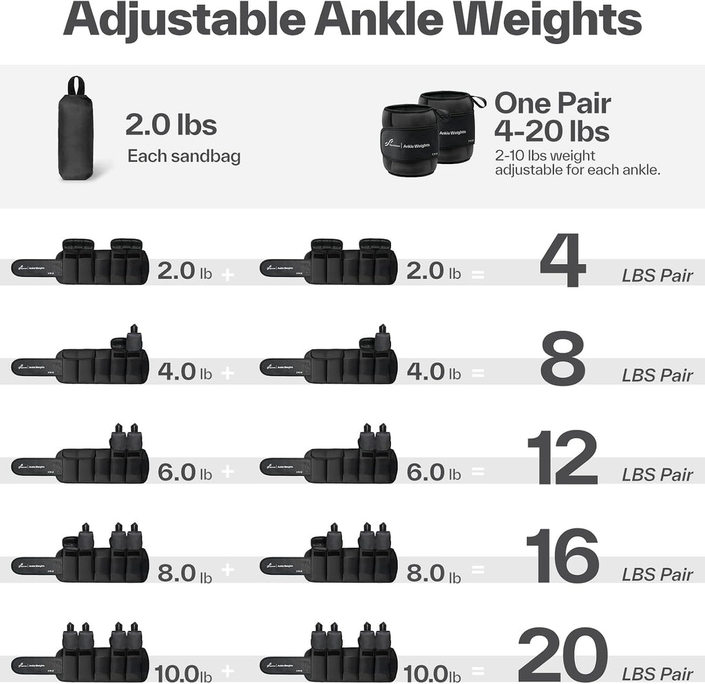 Sportneer 20lbs/Pair Adjustable Ankle Weights for Women & Men