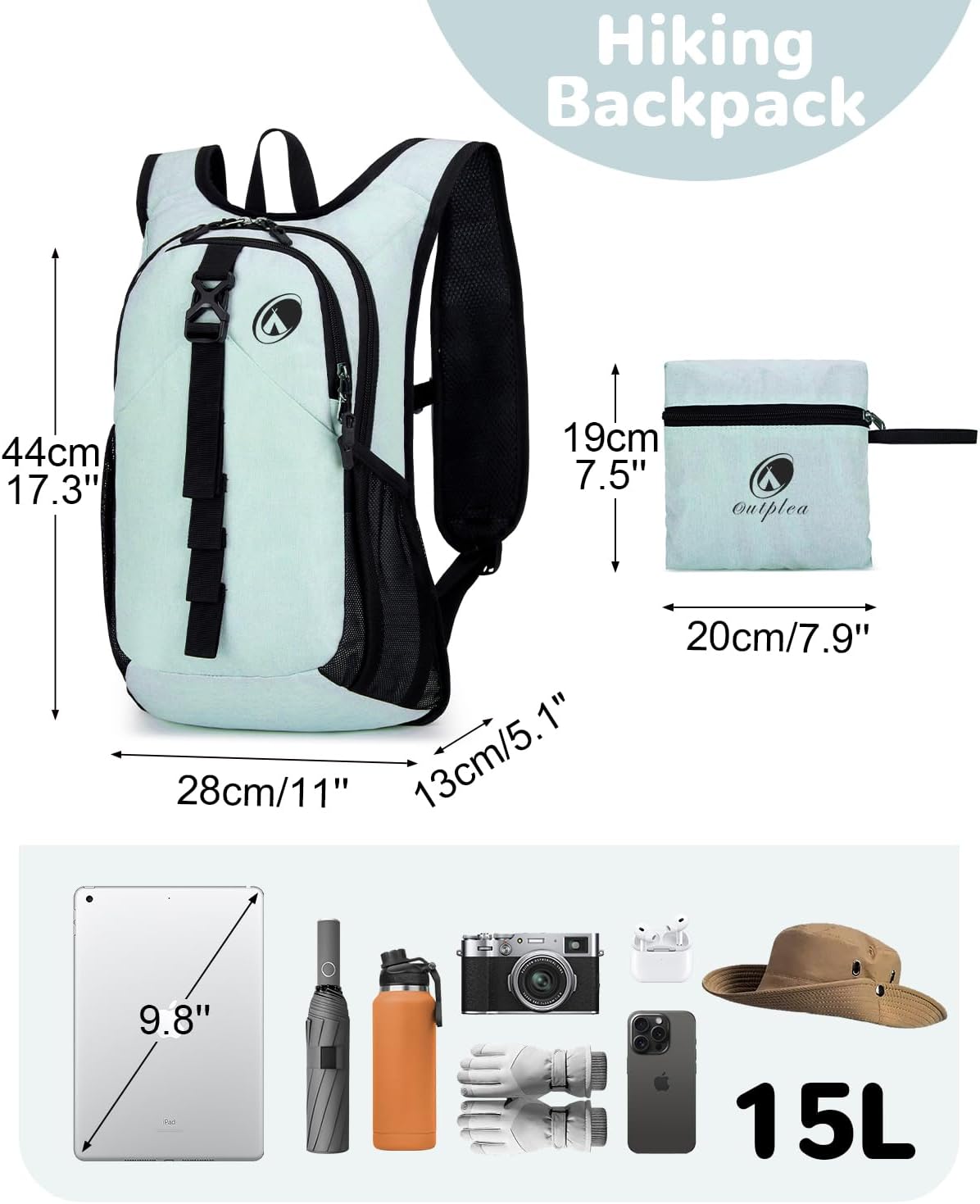Folding Hiking Backpack with Phone Pocket for Men Women, Small Ultralight Packable Casual Daypack with Shoulder Chest Straps for Travel, 15L Foldable Lightweight Day Pack, Green