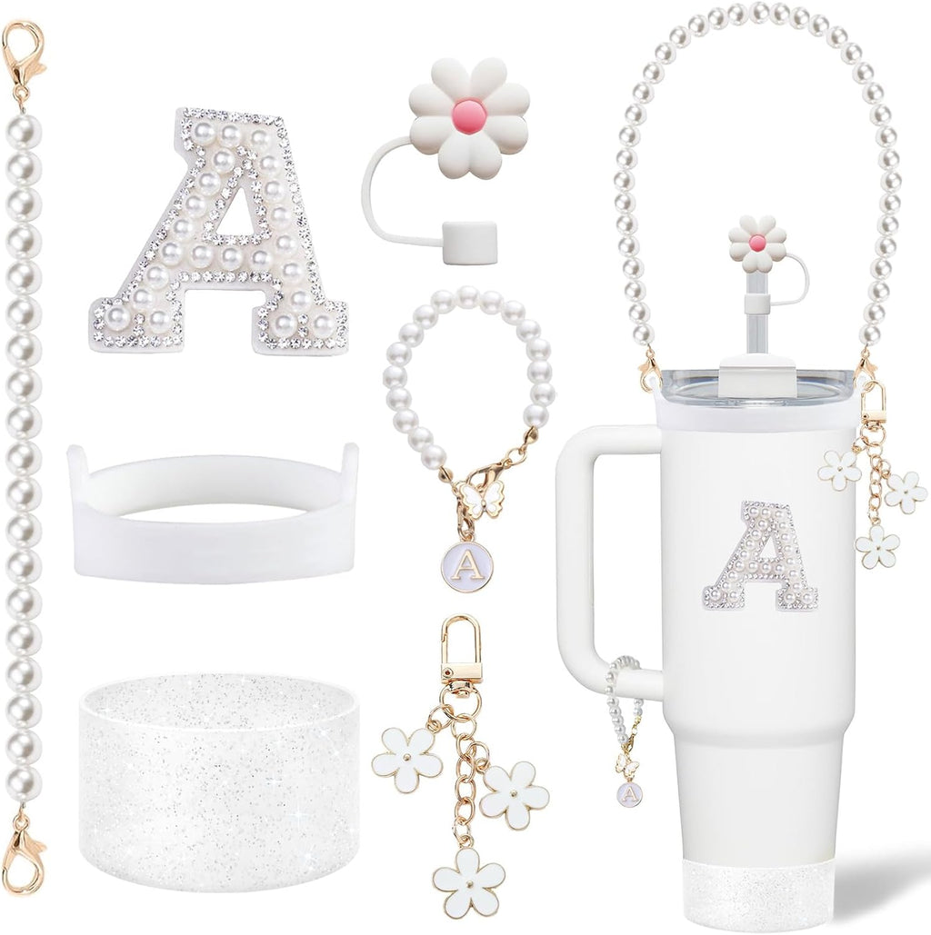 Stanley Cup Accessories Set - Including Water Bottle Carrying Pearl Strap, Handle Letter Charms Sticker, Silicone Cups Boot Straw Cover for 40oz & 30oz Tumbler Accessory Kit