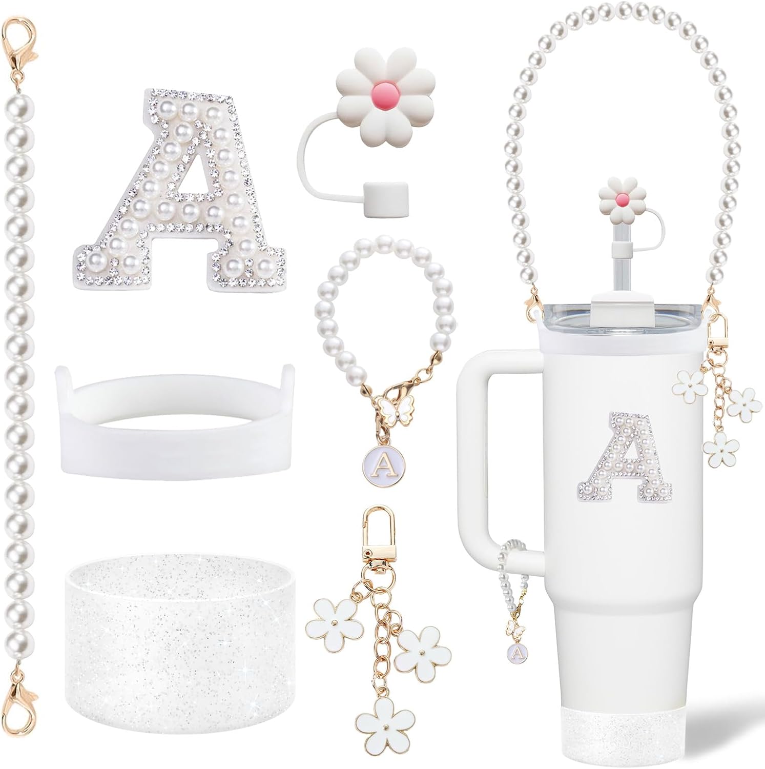 Stanley Cup Accessories Set - Including Water Bottle Carrying Pearl Strap, Handle Letter Charms Sticker, Silicone Cups Boot Straw Cover for 40oz & 30oz Tumbler Accessory Kit