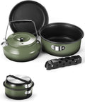 Odoland 5pcs Camping Cookware Non-Stick Camping Pot and Pan Set with Kettle and Removable Handle for Hiking Backpacking and Picnic