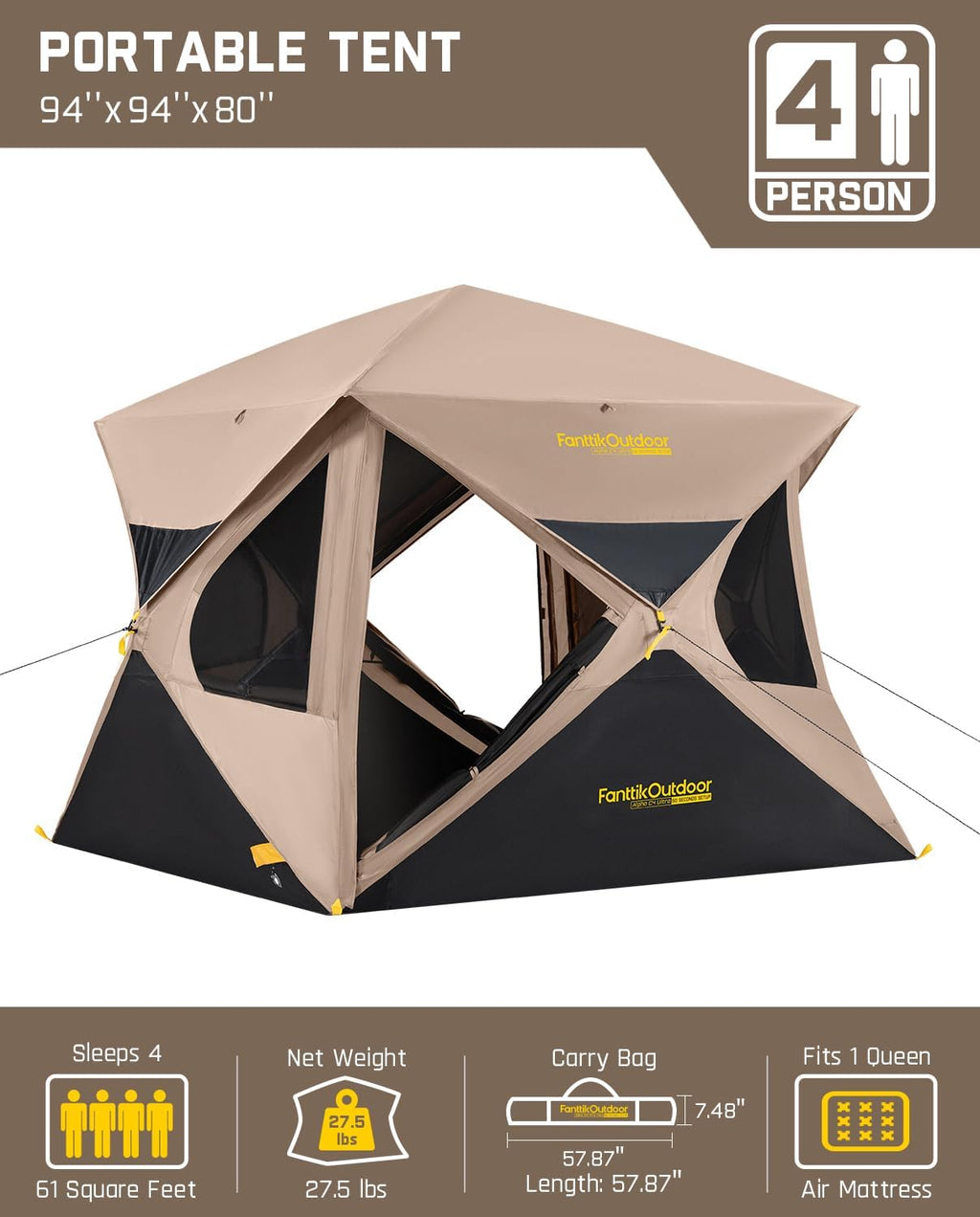 FanttikOutdoor Alpha C4 Ultra Camping Tent 4 Person Pop Up Instant Cabin Setup in 60 Seconds Portable Hub Tent with Rainfly & Windproof for Outdoor Camping & Overlanding