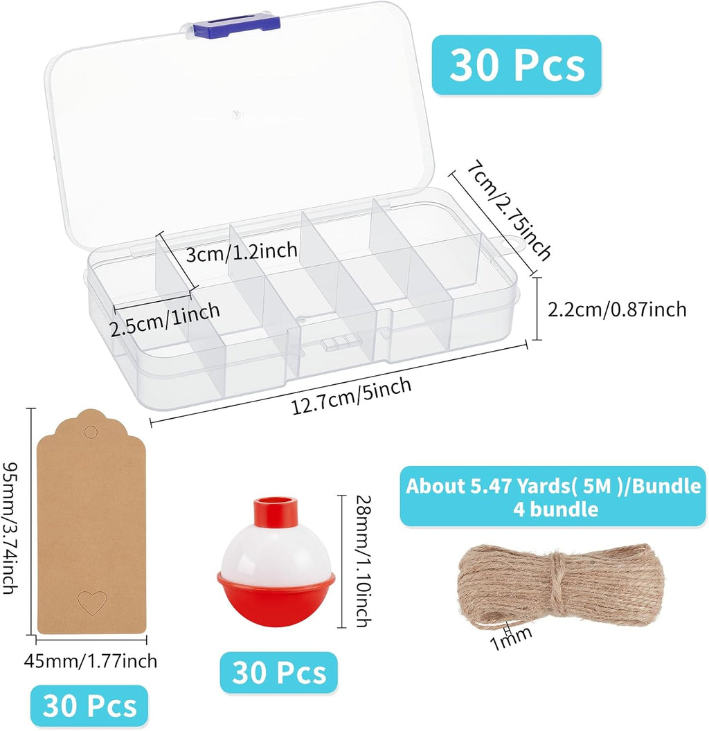 30 Set Fishing Candy Little Tackle Boxes with 30 Fishing Bobber 20M Jute Twine 30 Kraft Paper Tags for Decoration Fishing Party Favors Gone Fishing Theme Supplies (Non-Removable Partition)