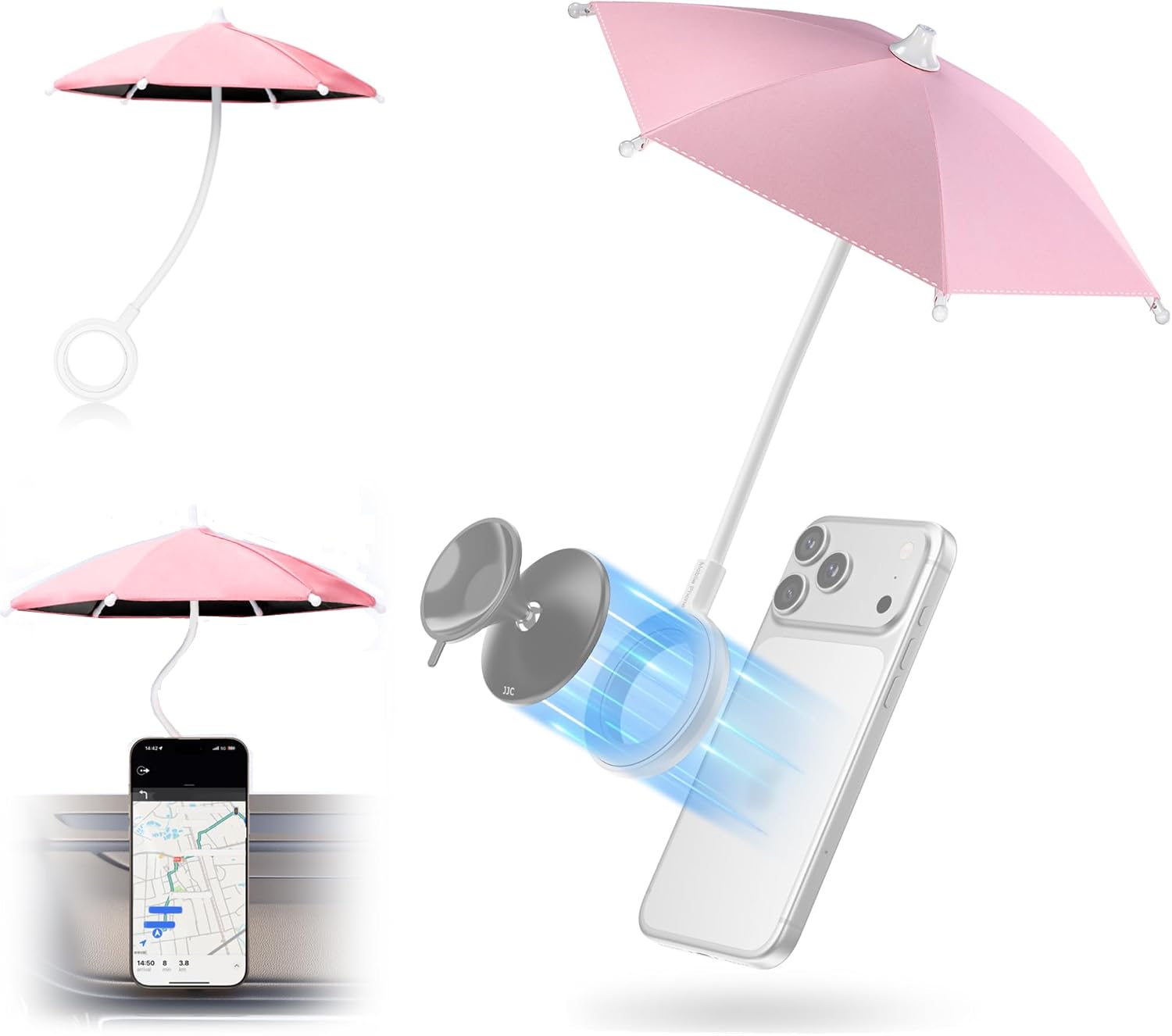Kiorafoto Double Magnetic Phone Umbrella,UPF45+ Phone Sunshade Shield for Sun with 360°Adjust & Black Anti-UV Coating,Cellphone Umbrella Compatible with Magsafe Phone-Grip/Magsafe Car Phone-Mount