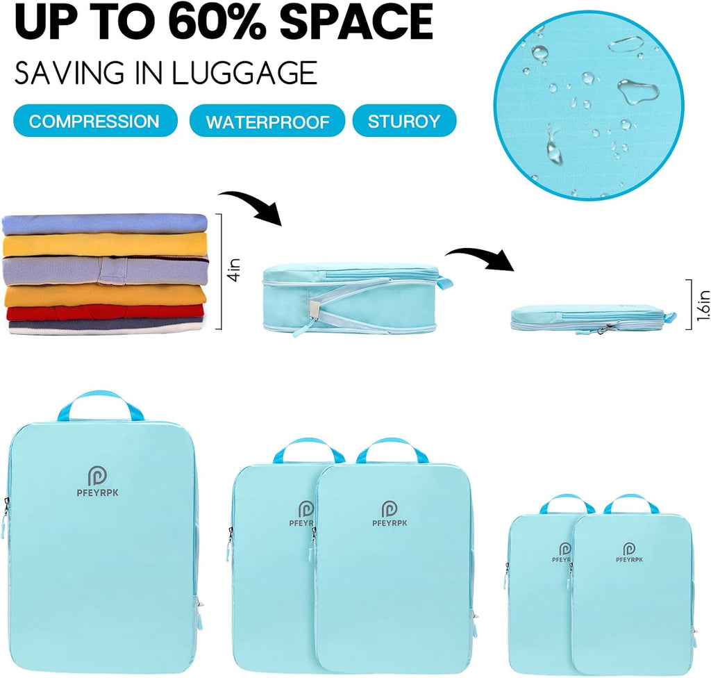 PFEYRPK Lightweight Compression Packing Cubes for Suitcases, Compressible Expandable Travel Packing Organizer with Clear Toiletries and Backpack Bag, Travel Essentials for Carry on Luggage 7 Set
