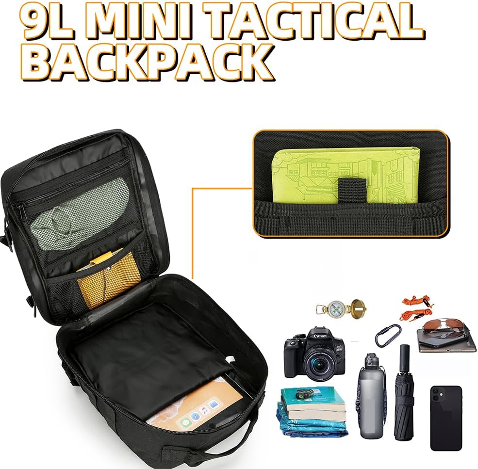 9L Mini Tactical Backpack for Men and Women, Tactical Backpack Small for Hiking, Small Tactical Bag（Black）