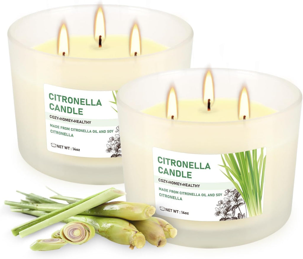 Citronella Candle Set of 2, 14oz Frosted Jar Triple-Wick, Clean & Smokeless for Outdoor Patio, Garden, Deck, Porch Ambiance with Natural Citronella Scent