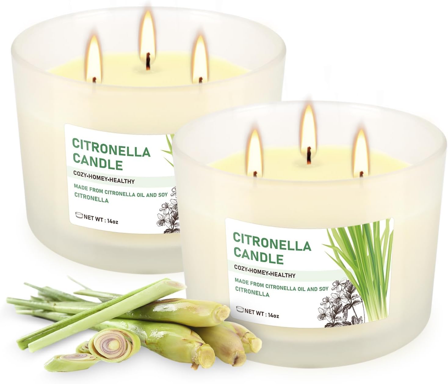 Citronella Candle Set of 2, 14oz Frosted Jar Triple-Wick, Clean & Smokeless for Outdoor Patio, Garden, Deck, Porch Ambiance with Natural Citronella Scent