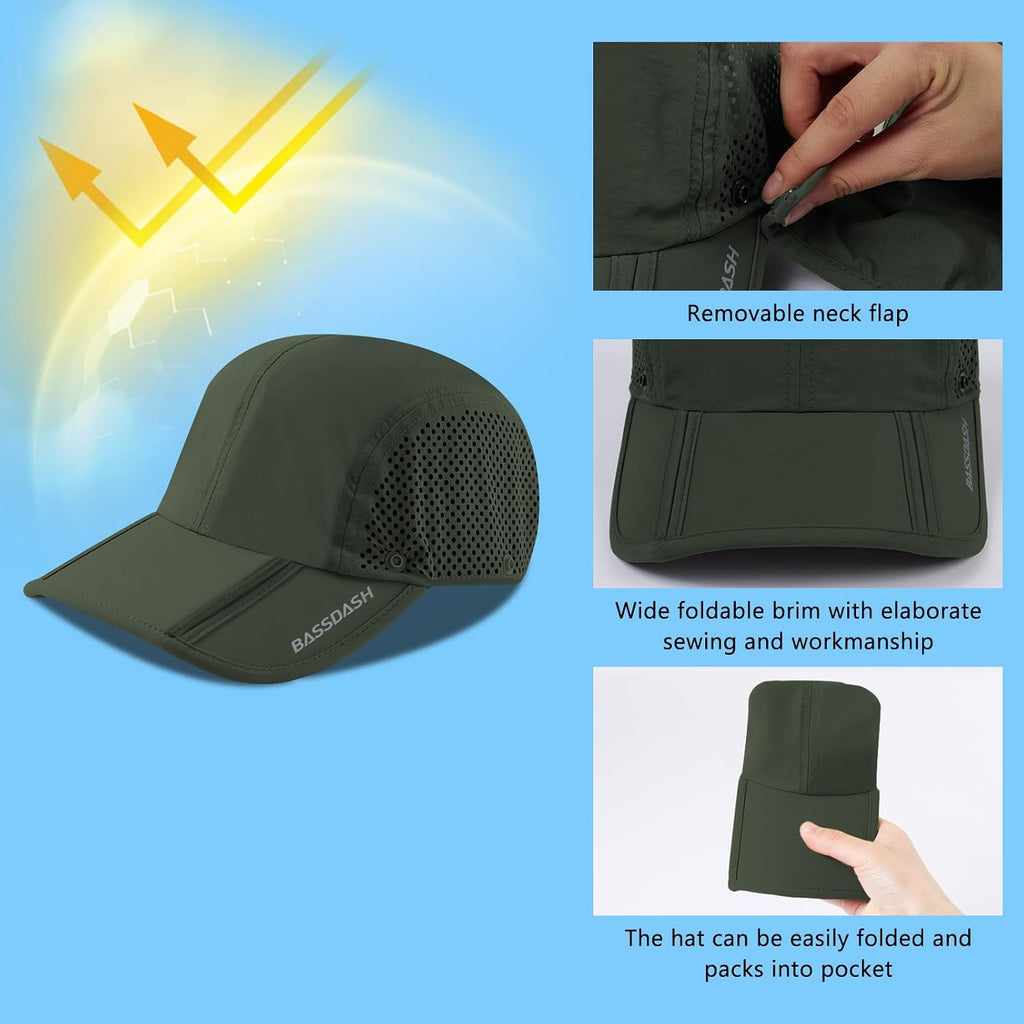 BASSDASH UPF 50+ Fishing Hat, Baseball Cap with Removable Neck Flap
