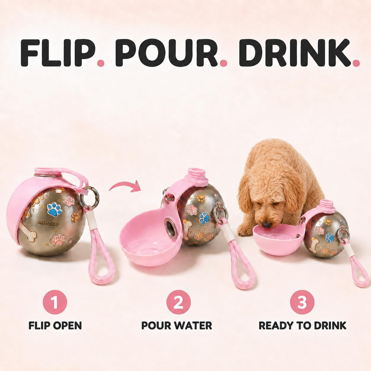 2026 New 2-in-1 Dog Water Bottle Portable, 10 Ounce Stainless Steel Dog Water Bottle, Travel Dog Water Bottle with Foldable Silicone Bowl and Water Reflux Design, Suitable for During Walks (Pink)