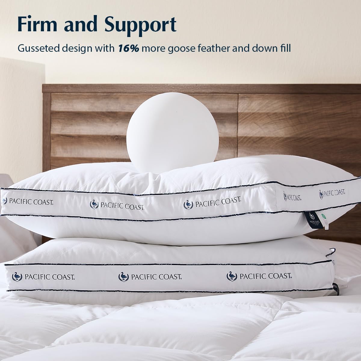 Pacific Coast Goose Feather and Down Firm Pillows King Size Set of 2, Bed Pillows for Side and Back Sleepers, Supportive Gusseted Hotel Collection Pillow with 100% Cotton Shell