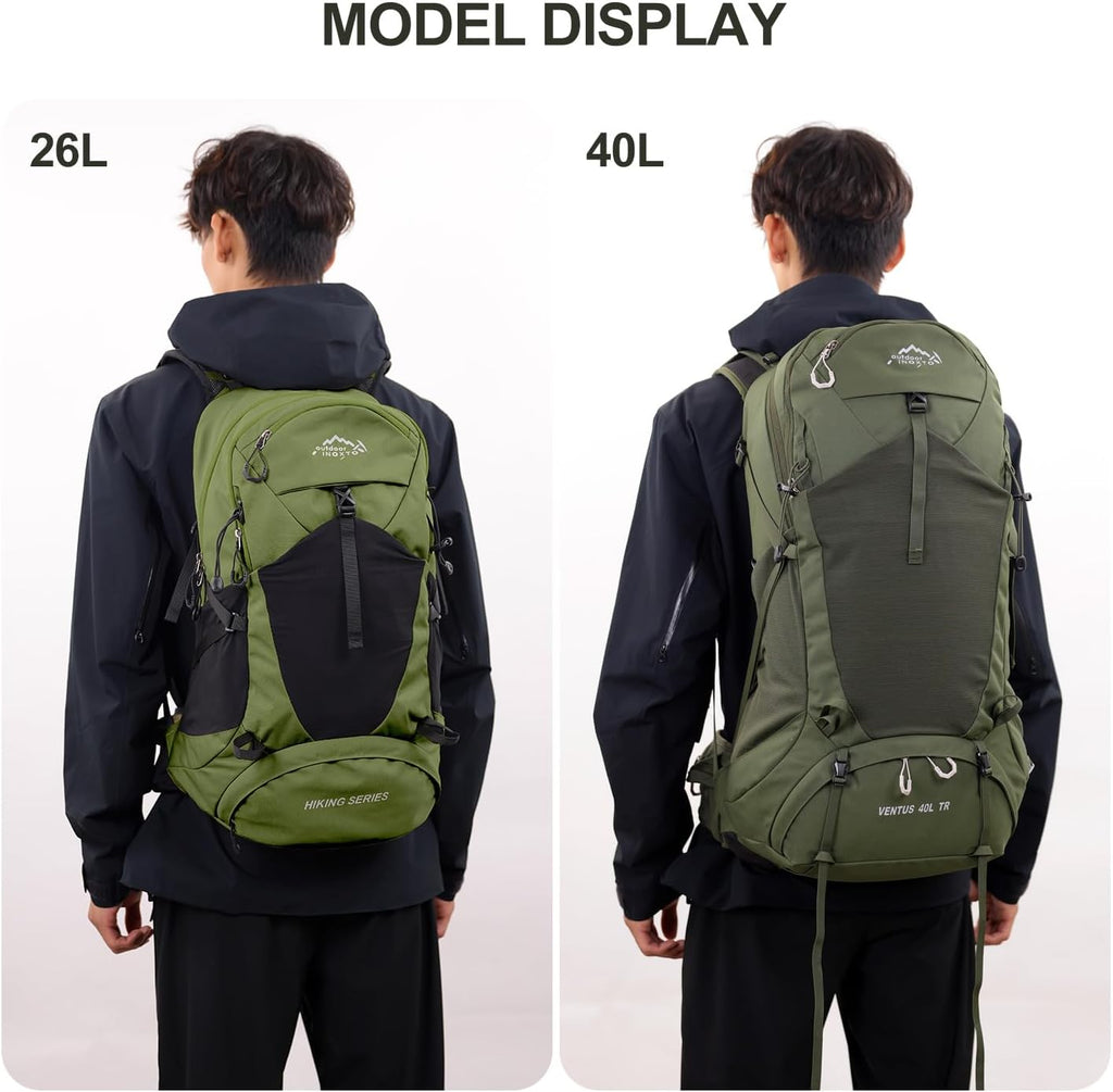 IX INOXTO Hiking Backpack, 26L/40L Waterproof Hiking Daypack with 3L Water Bladder and Rain Cover, Lightweight Travel Camping Backpack for Men Women (Dark Green)