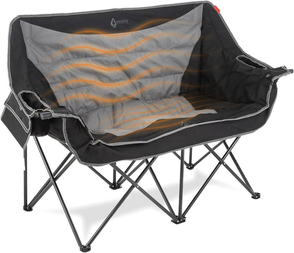 ARROWHEAD OUTDOOR Wide Duo Foldable Heated Camping Loveseat Chair, Black