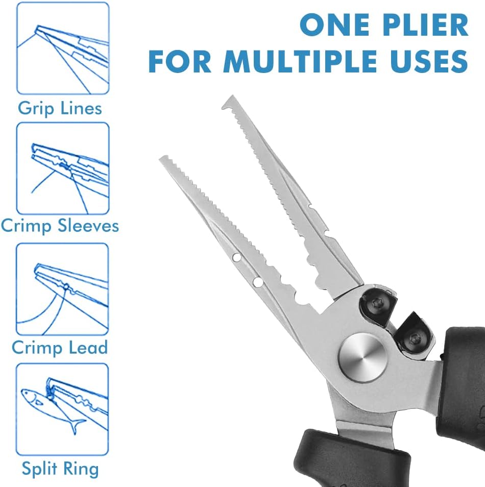 TRUSCEND Easy Use Fishing Pliers with Line Cutter, Stainless Steel Fishing Tools, Muti-Function Hook Remover and Split Ring Plier Set, Spring-Loaded Jaws & Ergonomic Grip, Fishing Gear Gifts for Men