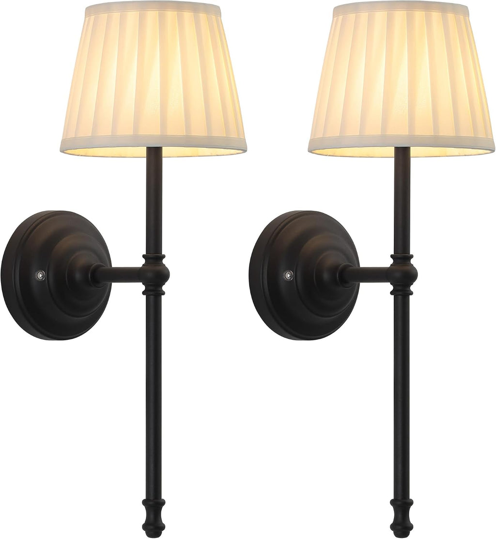 KDG Black Cordless Wall Sconces Set of 2, Beige Fabric LED Wall Lamps