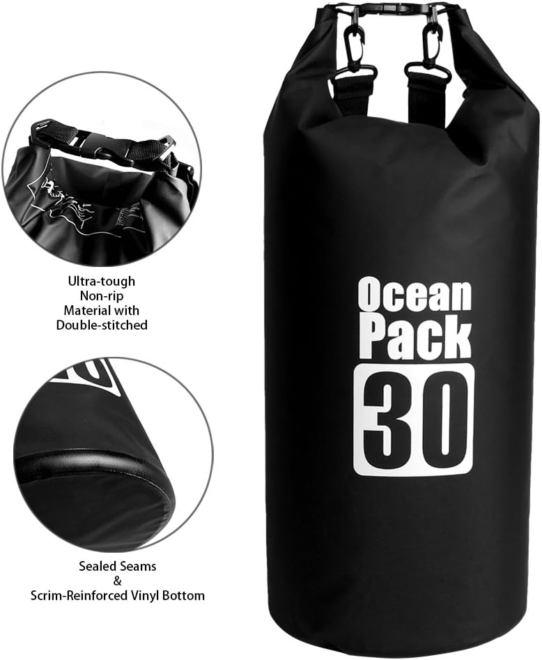 Dry Sack/Waterproof Bag for Boating, Kayaking, Hiking, Snowboarding, Camping, Rafting, Fishing and Backpacking (Black, 30L)