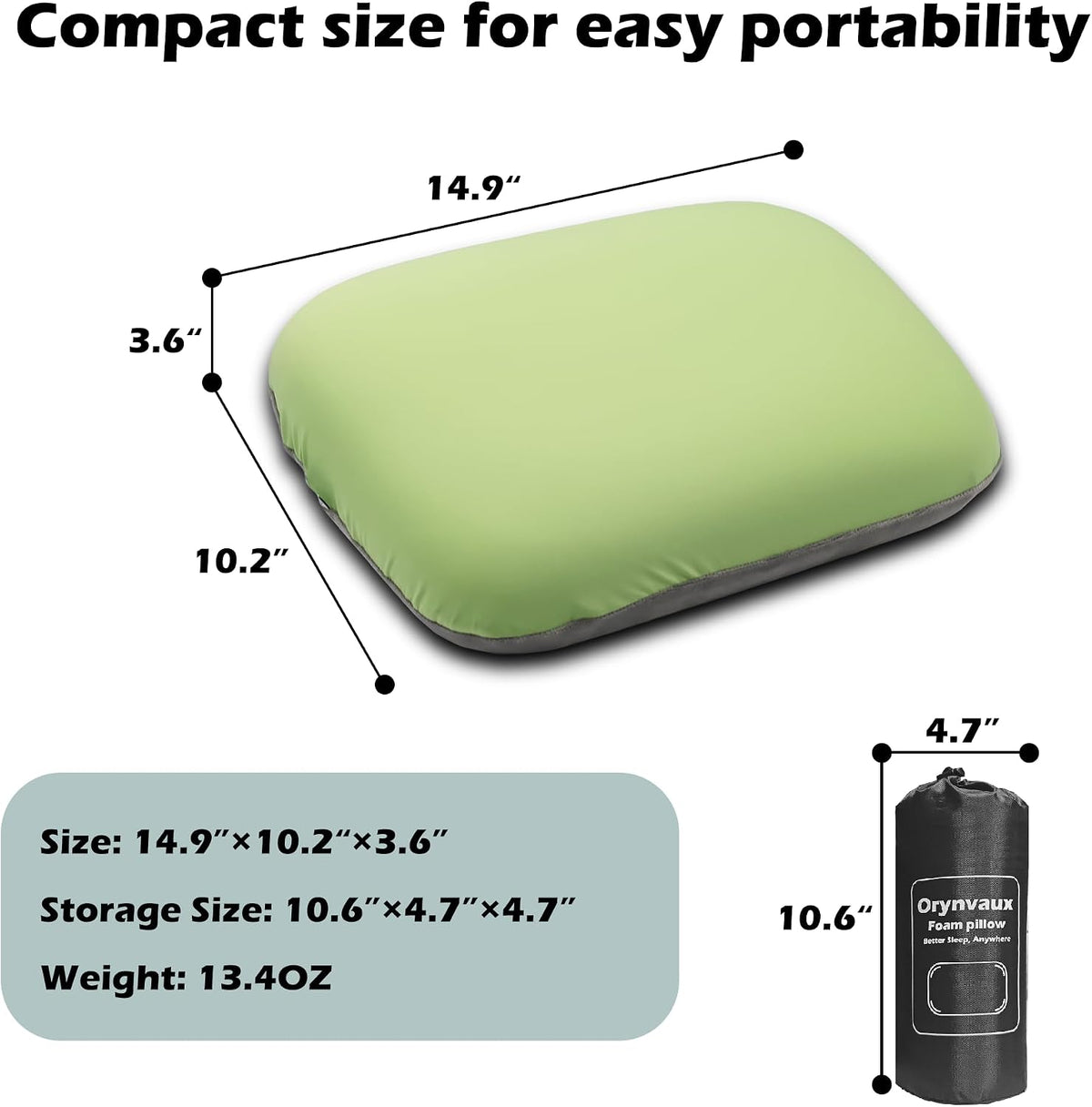 Small Travel Camping Pillow, Double-Sided Fabric Pillow with Adjustable Buckle Strap & Storage Bag, Compact Small Pillow for Airplane, Car Lumbar, Office, Washable Cover, Grass Green