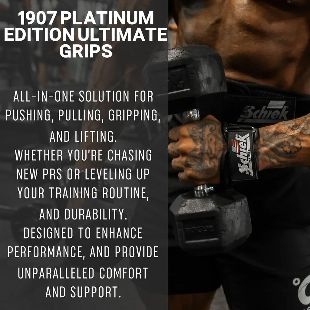 Schiek Sports Model 1907 Platinum Edition Ultimate Grips - 3 in 1 Weight Lifting Straps Wrist Wraps and Grip Pads