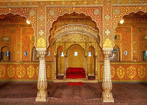 BELECO 7x5ft Fabric Indian Royal Palace Backdrop Interior Private Audience Hall in Anup Mahal and Maharaja Throne with Gold Carvings Photography Background for Travel Portrait Photo Studio Props