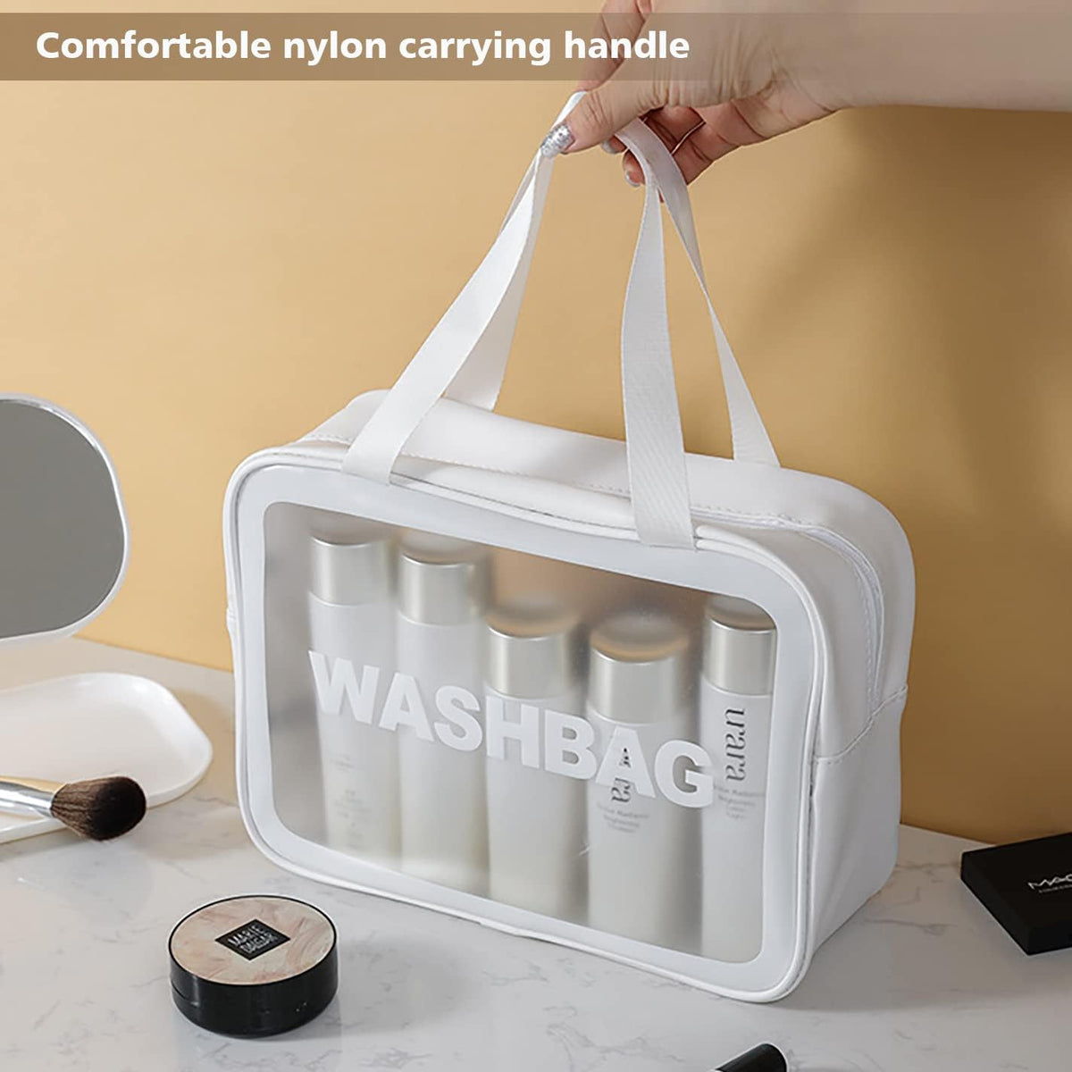 DAPOWER Travel Toiletry Bag for Women and Men, Matte Translucent Toiletry Bag with Handy Handle, Makeup Cosmetic Organizer Bag for Travel Toiletries Accessories (White)