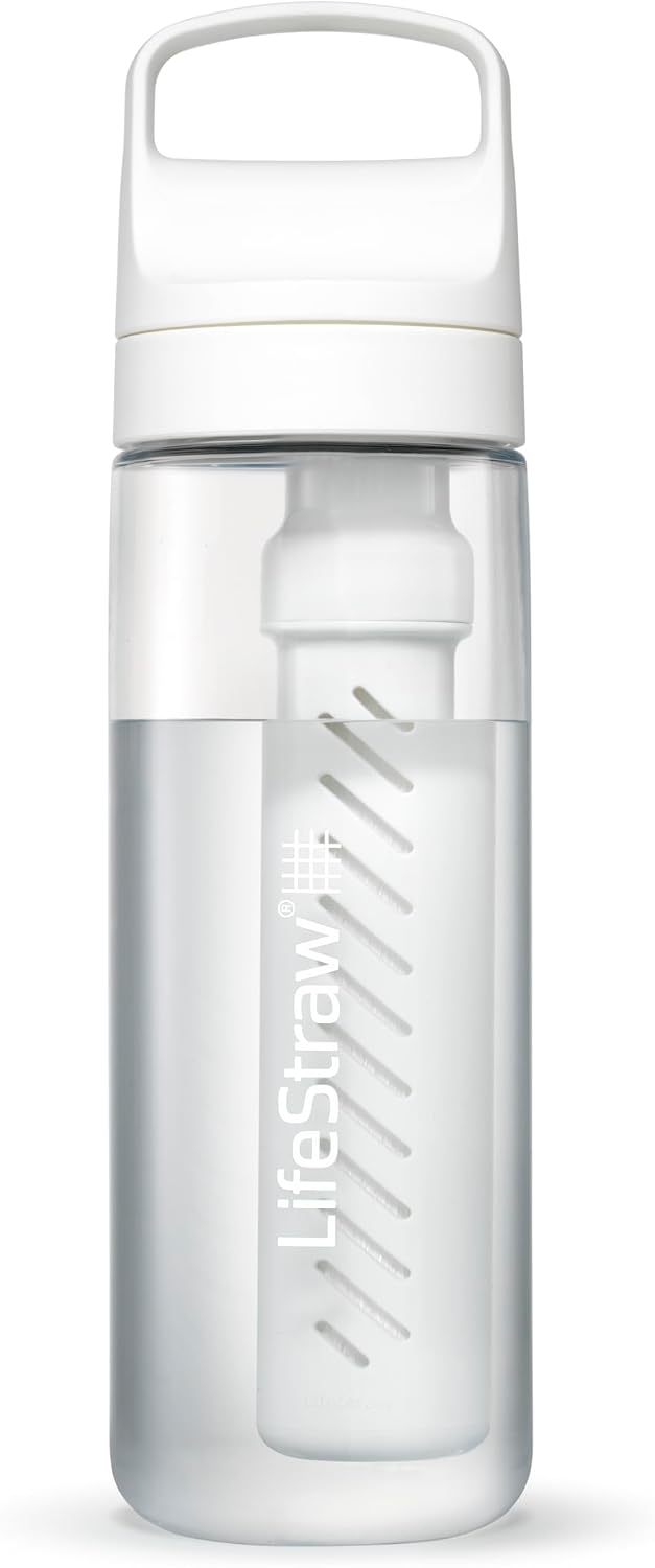 LifeStraw Go Series – BPA-Free Water Filter Bottle for Travel and Everyday use removes Bacteria, parasites and microplastics, Improves Taste, 22oz; Clear