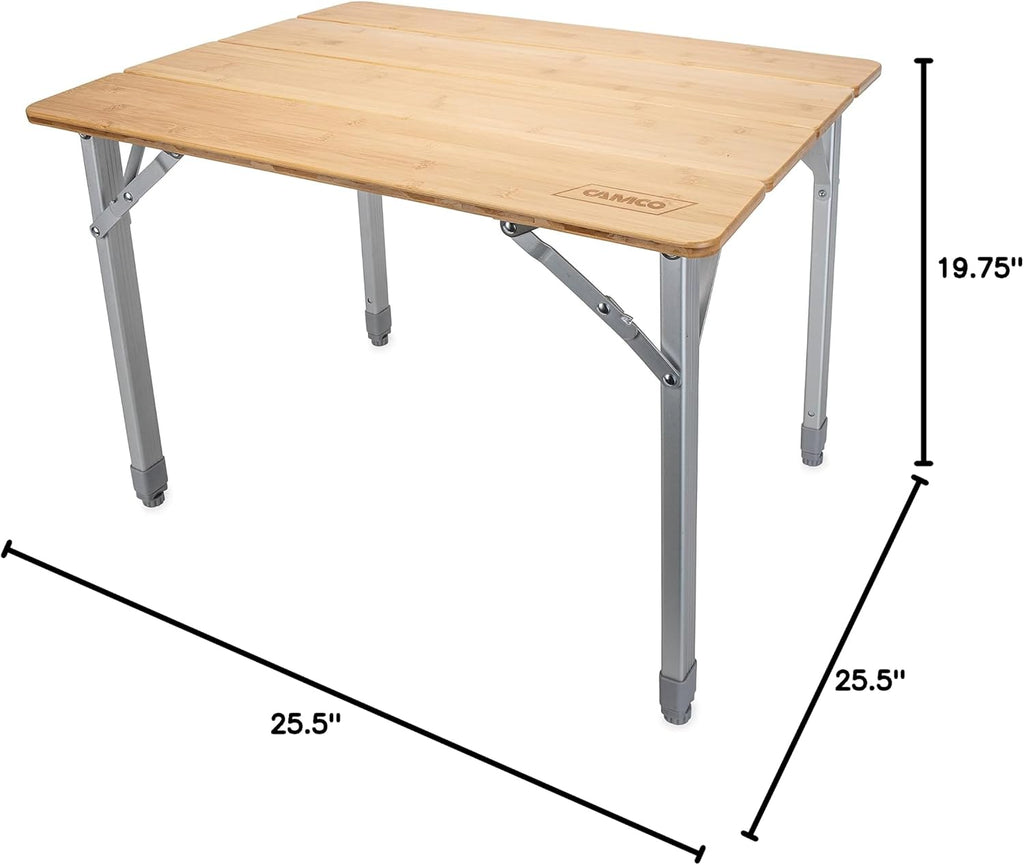 Camco Bamboo Folding Camping Table with Aluminum Legs - Natural Bamboo Top Measures 25 ½ x 19 ¾-inches & Supports Up to 85lbs - Lightweight for Added Portability & Includes Storage Bag (51895)