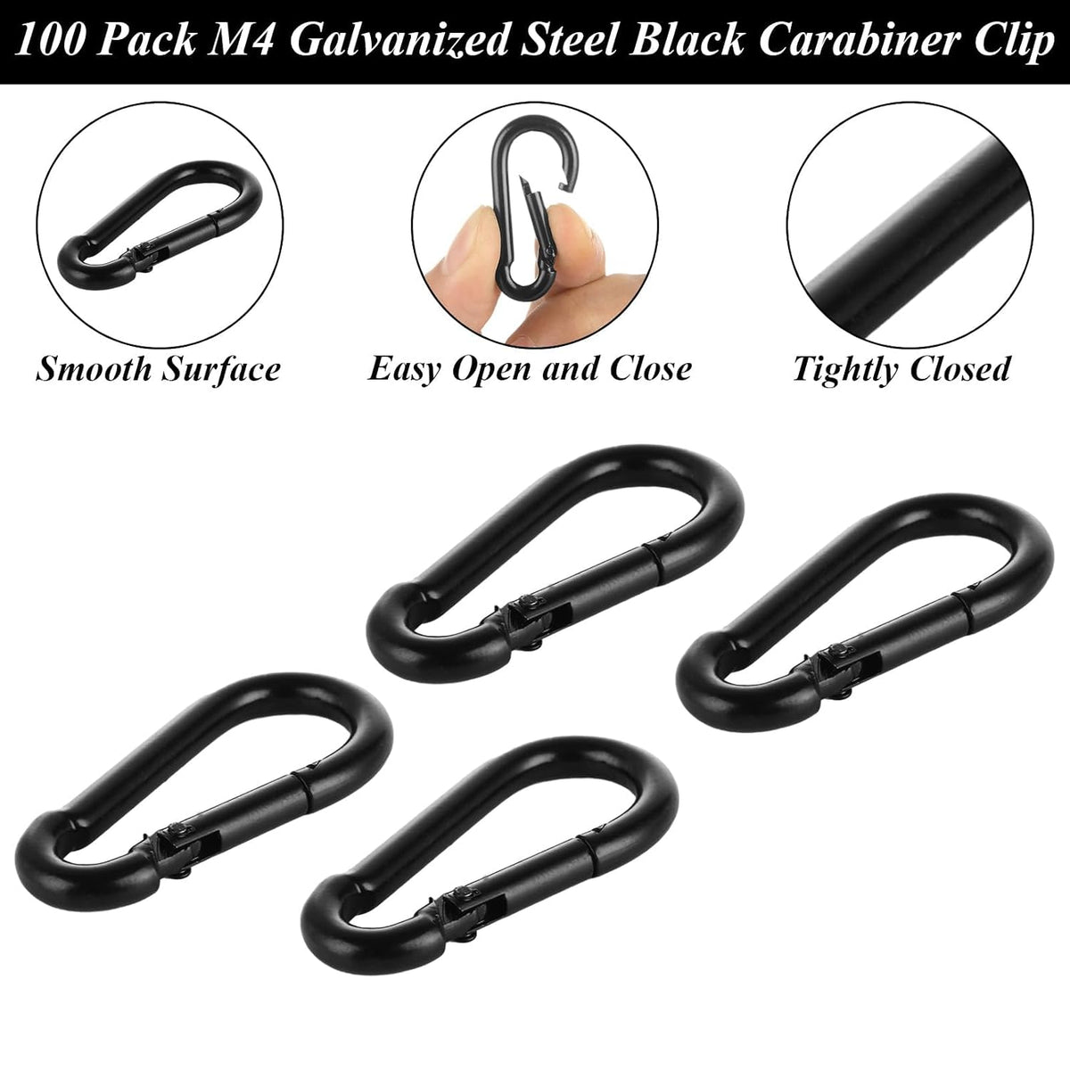 MIVIDE 100 Pack M5 Black Carabiner Clip Spring Snap Hook, 2 Inch Heavy Duty Small Snap Hooks Carabiner Quick Link Clip for Camping Hiking Traveling Outdoor Swing Gym, 220Lbs Capacity