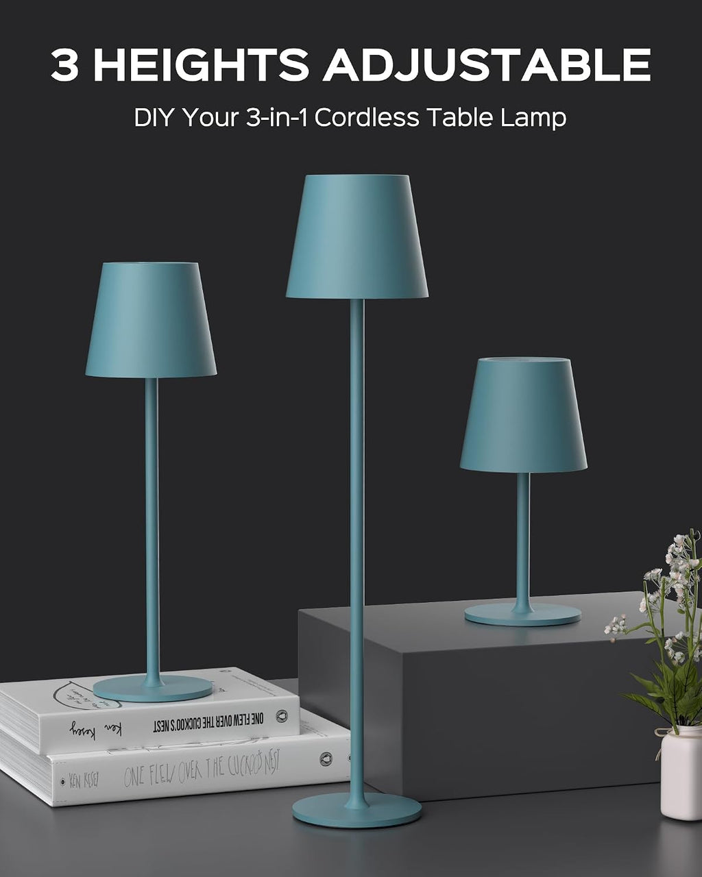 JACKYLED Cordless Table Lamps Rechargeable, 3 Adjustable Height, 5000 Capactiy Operated 3 Colors Smooth Dimming, Portab
