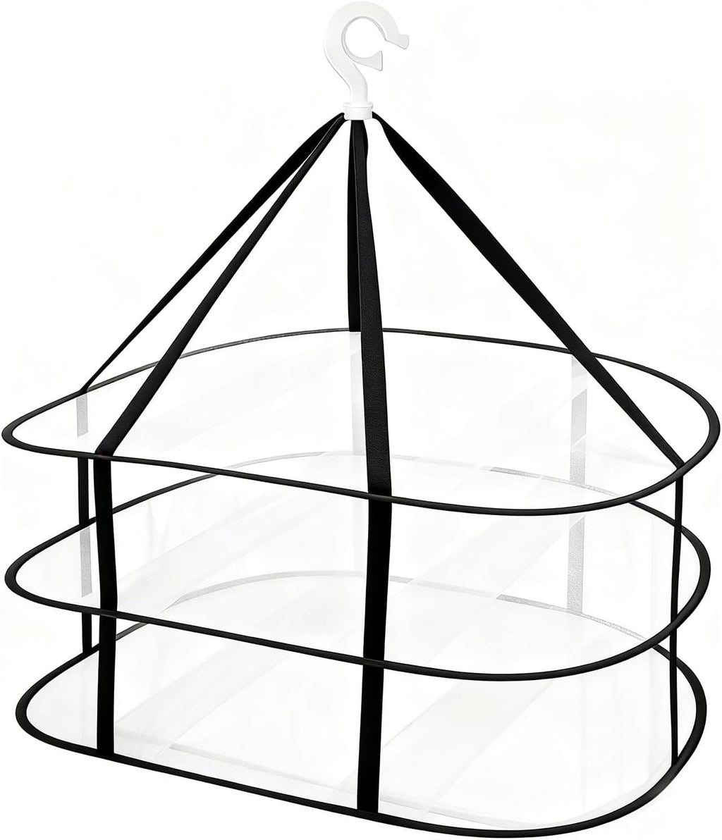 Fashion & Lifestyle 3-Tier Foldable Clothes Black Drying Rack, Hanging Mesh Laundry Dryer with Sturdy Frame for Delicates/Sweaters/Underwear, Space-Saving Indoor Outdoor Drying Organizer