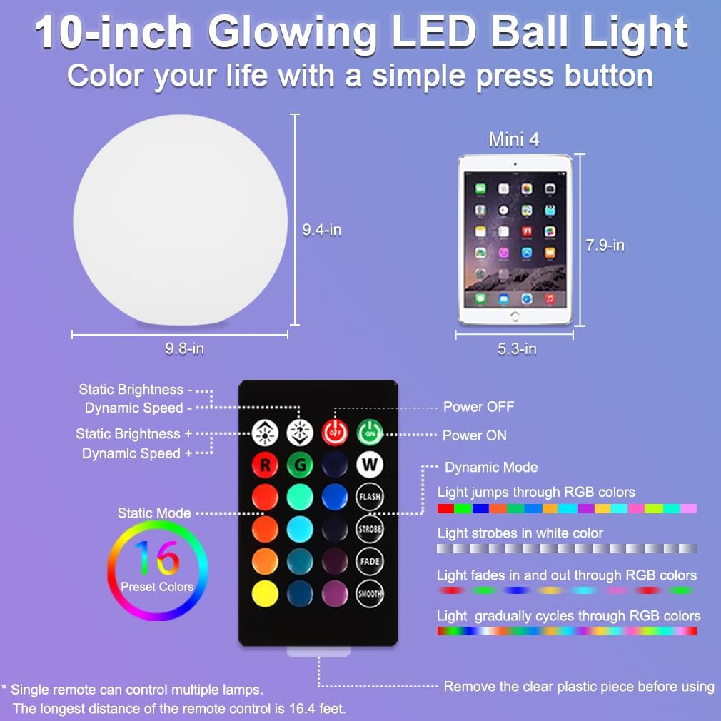 10-inch Glowing LED Ball Light, Dimmable Color Changing LED Globe Orb Light