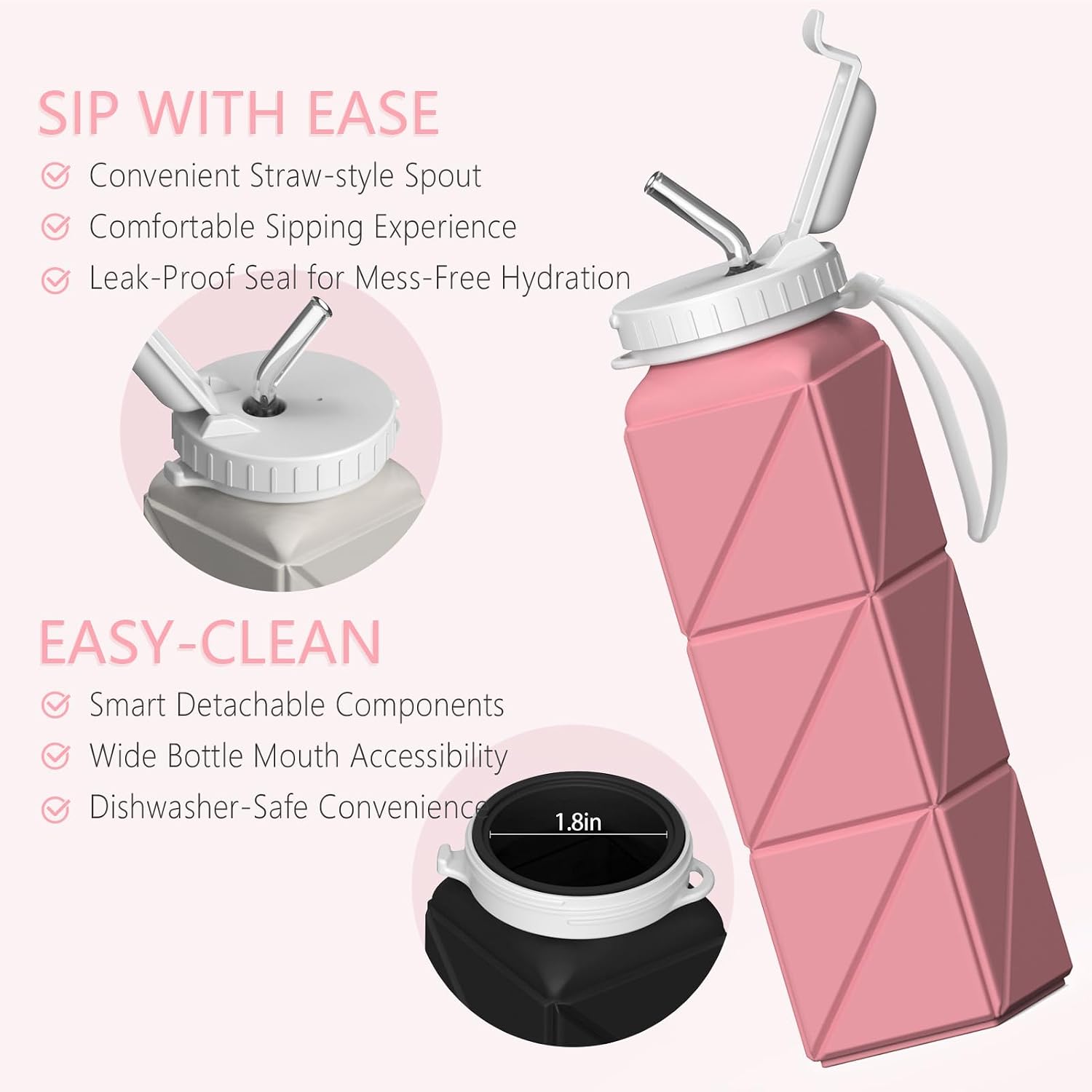 BEAUTAIL Collapsible Water Bottles with Straw 21 oz, Travel Water Bottle