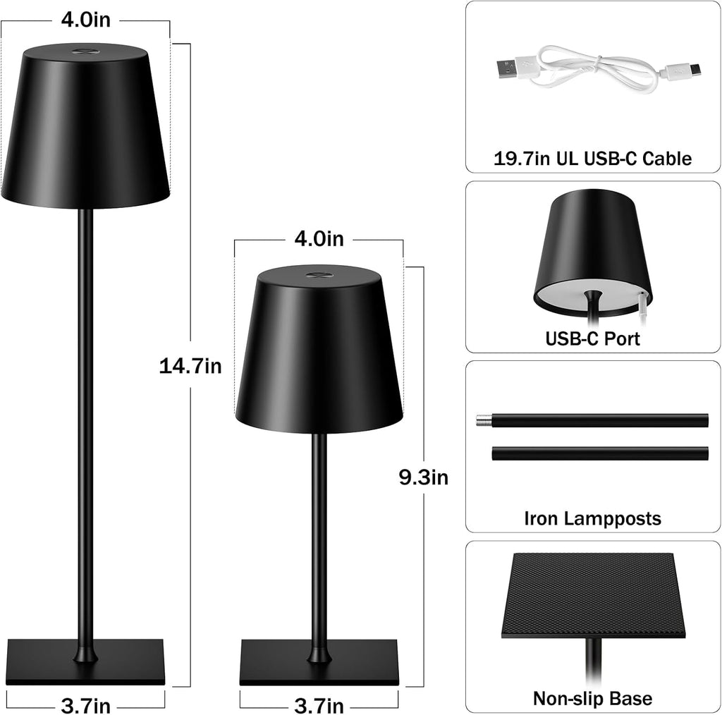 Kakanuo Black Cordless Rechargeable Table Lamp, 2 Pack Portable Desk Lamp with 5000mAh Battery, Touch Control Stepless Dimming, Wireless Night Light for Dining, Outdoor Camping, Coffee Shop