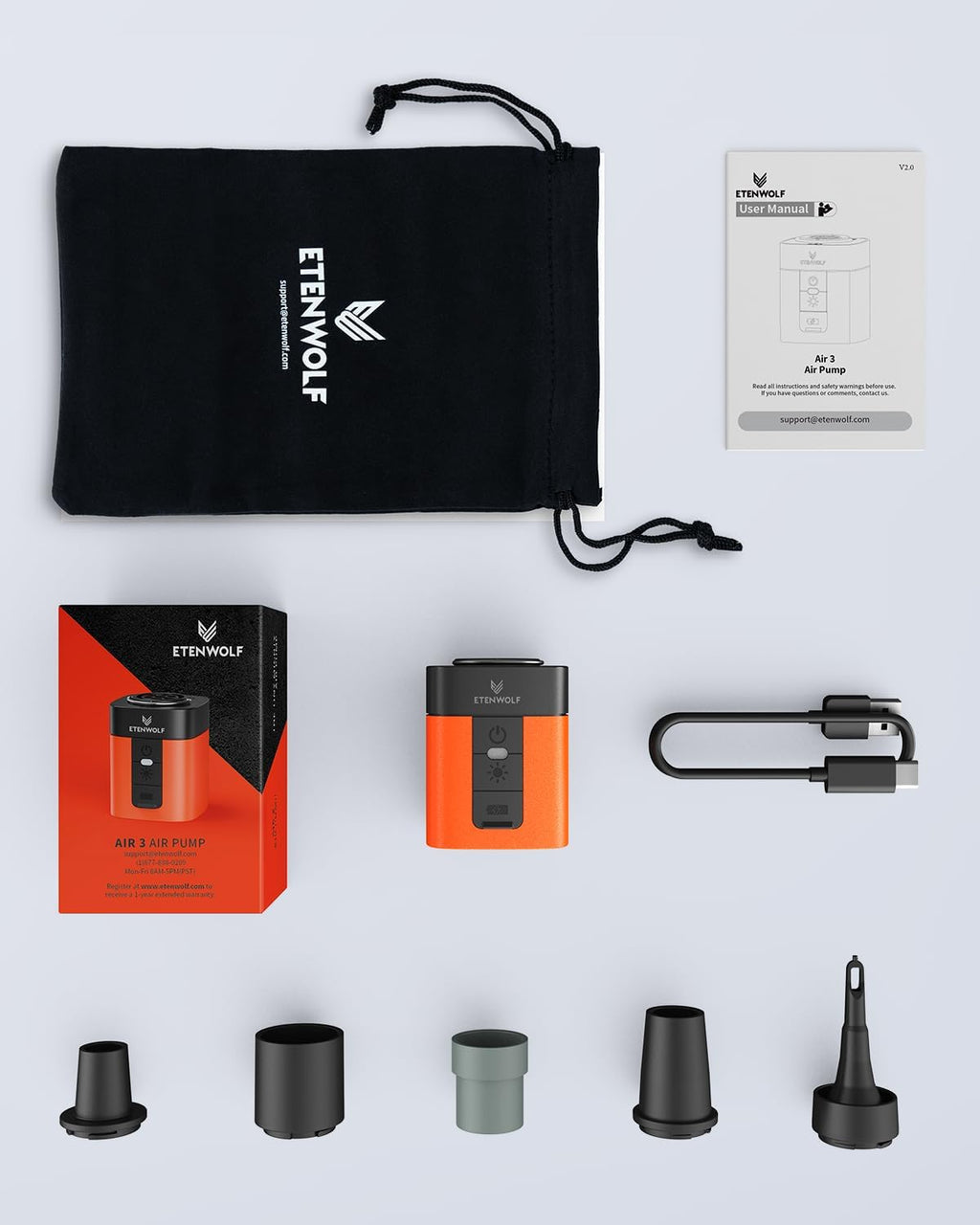 ETENWOLF AIR 3 Air Pump for Inflatables with 2600mAh Battery& Camping Light
